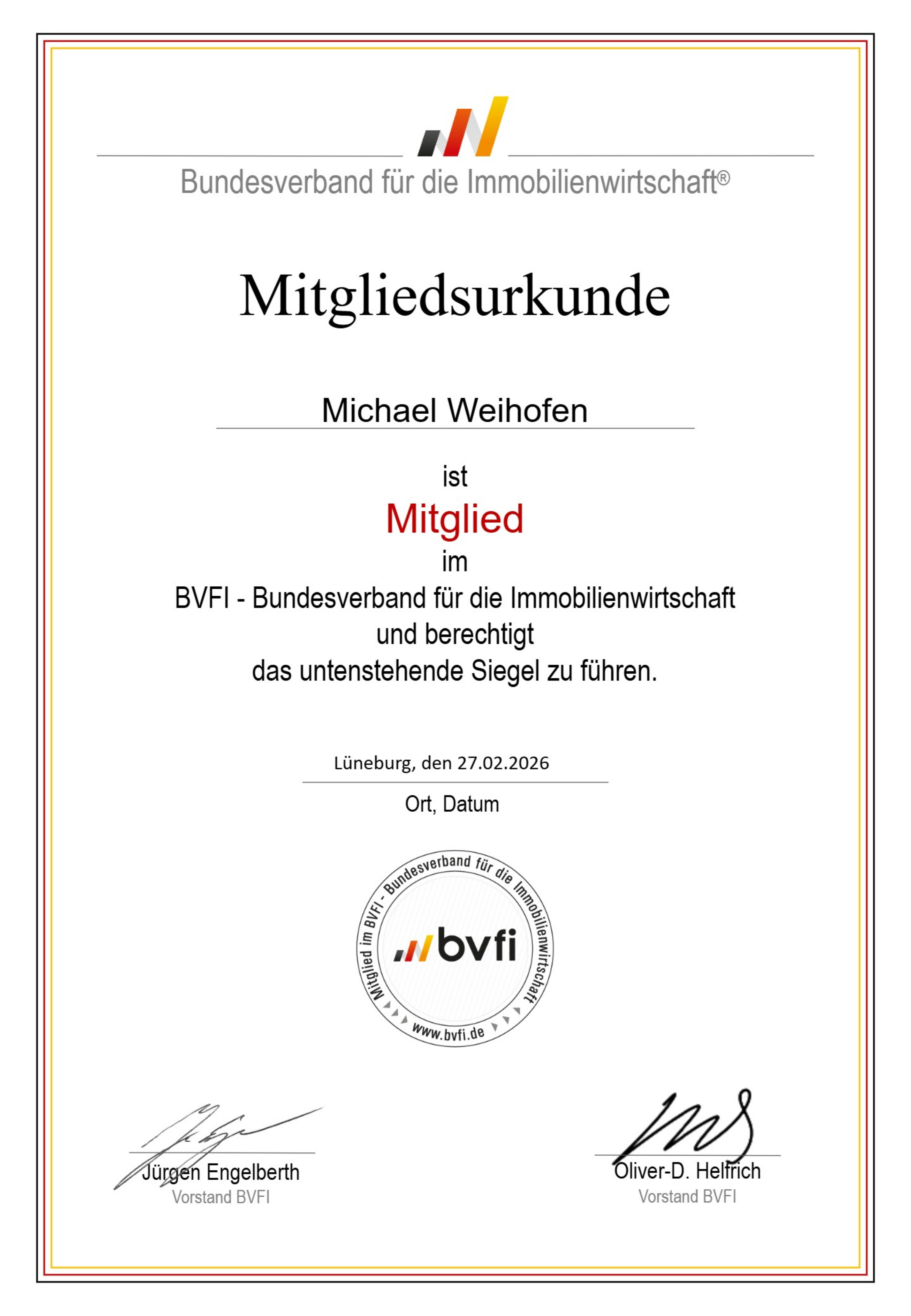 Bundesverband für die Immobilienwirtschaft Mitgliedsurkunde WEIHOFEN